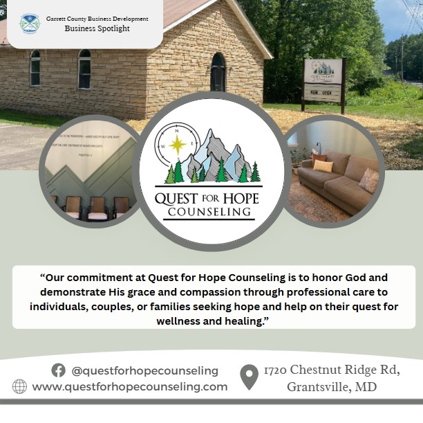 Todays Business Spotlight 📣 is on Quest for Hope Counseling! 
Visit them at www.questforhopecounseling.com or Quest for Hope Counseling  
Follow us to see more daily Garrett County Business Spotlights!
If you are interested in having your business featured contact Connor Norman at cnorman@garrettcountymd.gov. #businessdevelopment  #garrettcountymd 